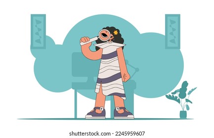 The concept of searching for information. The guy is holding a magnifying glass. Linear retro style character.