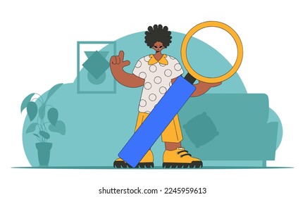 Das Konzept der Informationssuche. Der Typ hält eine Lupe in den Händen. Lineares Retro-Zeichen.