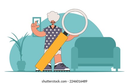 The concept of searching for information. The guy is holding a magnifying glass in his hands. Linear retro style character.
