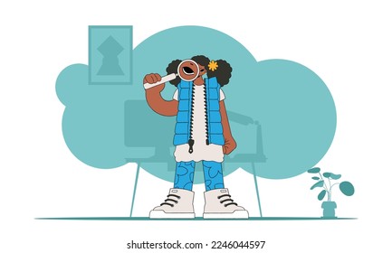 The concept of searching for information. The guy is holding a magnifying glass. Retro style character.