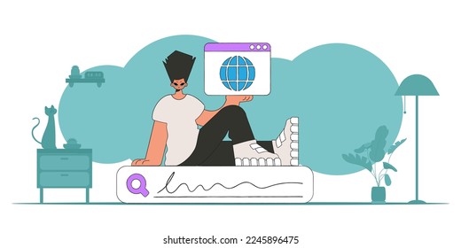 The concept of searching for information. The guy sits on the search bar and holds a browser window in his hands. Retro style character.