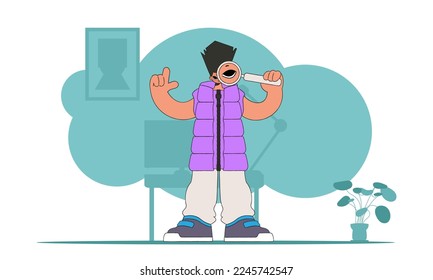 The concept of searching for information. The man is holding a magnifying glass. Linear retro style character.