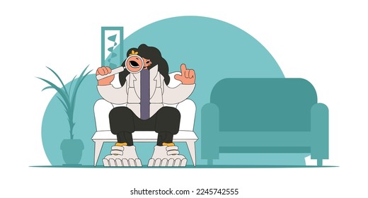 The concept of searching for information. The man is holding a magnifying glass. Linear retro style character.