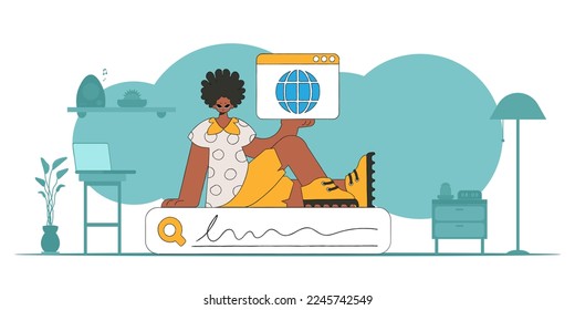 The concept of searching for information. A man sits on a search bar and holds a web browser in his hands. Linear retro style character.