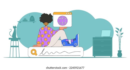 El concepto de búsqueda de información. Un hombre se sienta en una barra de búsqueda y tiene una ventana de navegador en sus manos. Carácter de estilo retro.
