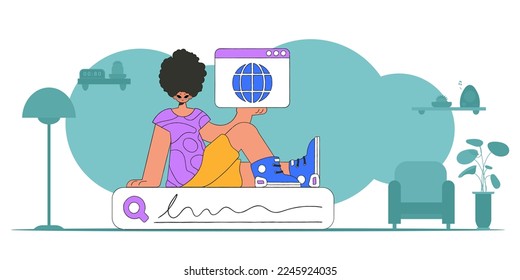 The concept of searching for information. A man sits on a search bar and holds a web browser in his hands. Retro style character.
