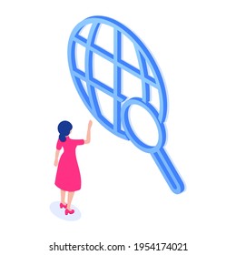 The concept of searching for information on the Internet. A girl standing in front of an internet icon with a magnifying glass. Vector illustration in modern isometric style. Isolated on white.