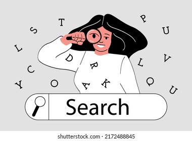 Concept of searching information on internet. Young girl holds magnifying glass in her hand and looks through it. Finding answers to questions in global network. Cartoon flat vector illustration.