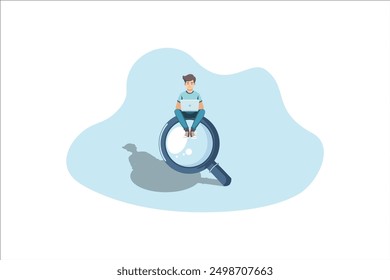 concept of searching for information on the internet. a man with a laptop is sitting on a large magnifying glass