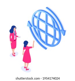 The concept of searching for information on the web. Two girls and internet icon. Vector illustration in isometric style isolated on white background 