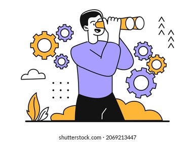 Concept Of Searching And Looking Into Future. Young Man Holding Binoculars And Looking For Something. Character Finds New Ways To Develop His Business And His Skills. Cartoon Flat Vector Illustration