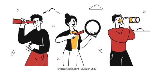 Concept of searching. Man with telescope, man with binoculars and girl with magnifying glass looking for someone. Employee search metaphor, hr. Cartoon vector illustration isolated on white background