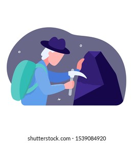 Concept of searching for mineral deposits. Geologist breaks a piece of rock with a pickaxe. A man examines a stone for the presence of beneficial impurities of metals