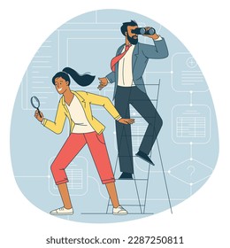 Concept of searching online data, search for opportunities, business ideas and people. Choosing direction and looking at the prospects, advanced data search. Flat vector illustration.