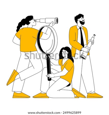 Concept of searching online data, search for opportunities, business ideas and people. Choosing direction and looking at the prospects, advanced data search. Flat vector illustration.