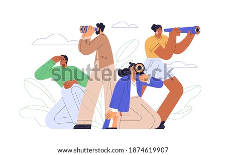 Concept of searching for opportunities, decisions, new business ideas or staff. People looking into future choosing direction of development. Colorful flat vector illustration isolated on white