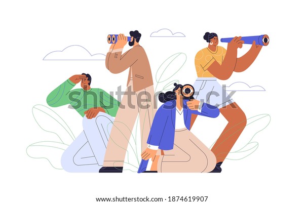Concept of searching for opportunities, decisions,\
new business ideas or staff. People looking into future choosing\
direction of development. Colorful flat vector illustration\
isolated on white