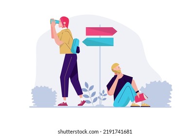 Concept Searching opportunities with people scene in the flat cartoon design. Young couple is looking for opportunities to implement their plans. Vector illustration.