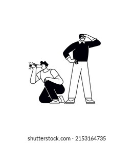 The concept of searching for opportunities, solutions, new business ideas. People looking to the future, choosing the direction of development. Characters looking through spyglasses.