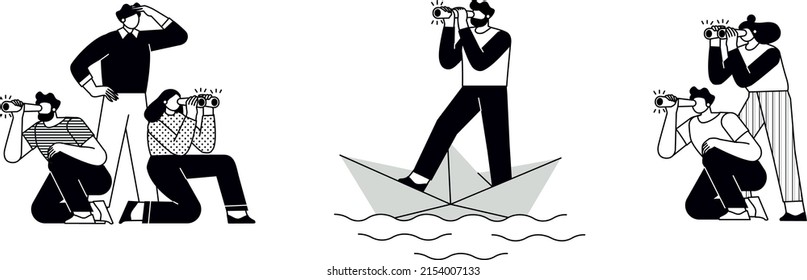 The concept of searching for opportunities, solutions, new business ideas. People looking to the future, choosing the direction of development. The characters is searching, looking around.