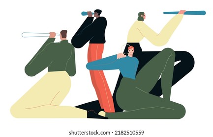 The concept of searching for opportunities, solutions, new business ideas or personnel. People who look to the future choose the direction of development. Flat vector illustration.