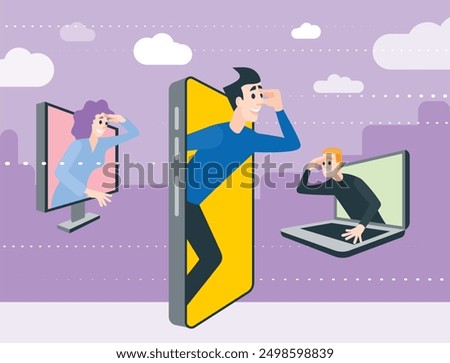 The concept of searching for people online. Using computers and cell phones to search for friends through social networks.