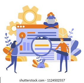 Concept searching process,analysis, SEO, for web page, banner, presentation, social media, documents, cards, posters. Vector illustration information search, recruitment, research