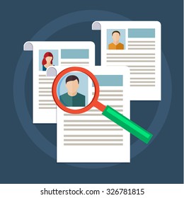 Concept of searching professional staff, analyzing personnel resume, recruitment, human resources management, work of hr. Flat design, vector illustration. 