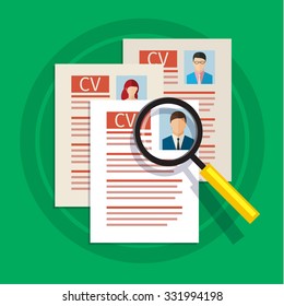 Concept of searching professional staff, analyzing personnel resume, recruitment, human resources management, work of hr. Flat design, vector illustration. 