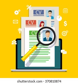 Concept of searching professional staff, analyzing personnel resume, recruitment, human resources management, work of hr. Flat design, vector illustration. 