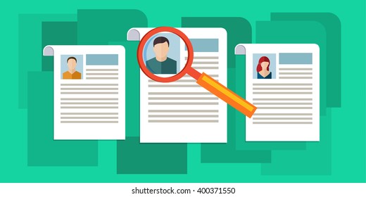 Concept of searching professional staff, analyzing personnel resume, recruitment, human resources management, work of hr. Flat design, vector illustration. 