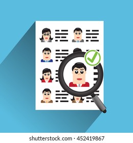 Concept of searching professional staff, analyzing personnel resume, recruitment, human resources management, work of hr. Flat design, vector illustration. 