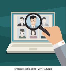 Concept of searching for professional stuff, head hunter job, employment issue, human resources management or analyzing personnel resume. Flat design