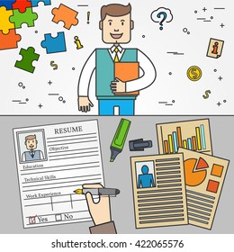 Concept searching  professional worker. Read summary. Thin line icon. Candidate search vector illustration.