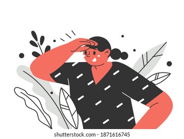 The concept of searching. A woman looking with her eyes. The girl is looking into the distance. A character peering into the distance. Vector illustration.