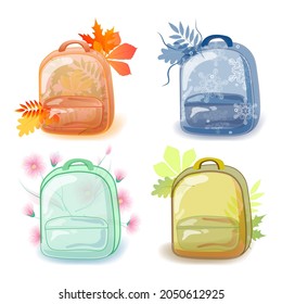 Concept of the seasons. Transparent backpacks in bright colors. Autumn, winter, spring and summer. The vector is made with the style of a complex flat.