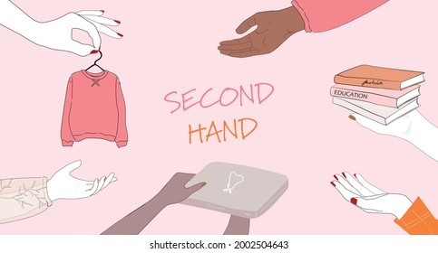 concept of second hand exchange, slow fashion and conscious sustainable eco consuming. vector illustration of people hands donating trading selling buying thrifting vintage clothing books electronics.