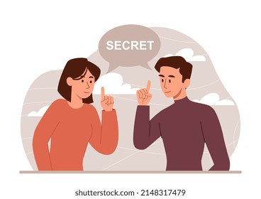 Concepto de secreto. Un hombre y una chica se metieron los dedos en la boca. La pareja joven o los amigos se comunican. Privacidad y silencio. Noticias, rumores y chismes, discusión. Dibujo vectorial plano de dibujos animados