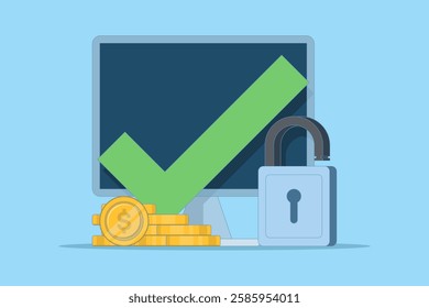 The concept of secure access to an online money wallet. Protected with a lock check mark on the computer, protection of internet money deposits through a padlock, security of electronic technology.