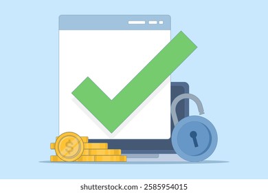 The concept of secure access to an online money wallet. Protected with a lock check mark on the computer, protection of internet money deposits through a padlock, security of electronic technology.