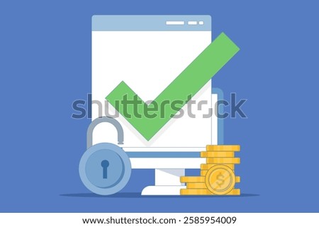 The concept of secure access to an online money wallet. Protected with a lock check mark on the computer, protection of internet money deposits through a padlock, security of electronic technology.