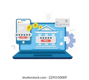 Concepto de Operación Bancaria Segura. Transacciones financieras, pagos, banca en línea, transferencias de dinero y cuentas bancarias. ilustración vectorial.
