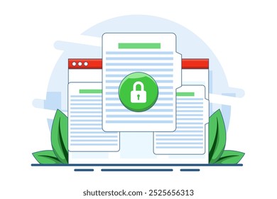 Concepto de acceso seguro de documentos confidenciales en línea en la computadora portátil o Web de Internet Protección de privacidad en el icono plano de archivo de texto, Sitio web secreto privado Bloqueo de datos Símbolo moderno. Ilustración vectorial.