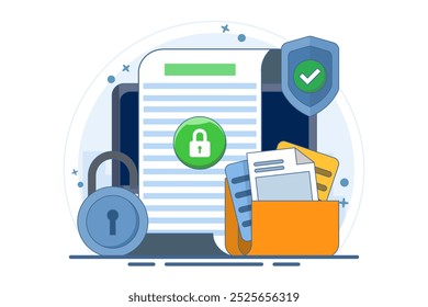 Concepto de acceso seguro de documentos confidenciales en línea en la computadora portátil o Web de Internet Protección de privacidad en el icono plano de archivo de texto, Sitio web secreto privado Bloqueo de datos Símbolo moderno. Ilustración vectorial.