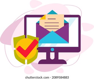 The Concept Of Secure Data Transmission. An Email On The Computer. Security Shield. Vector Illustration In A Flat Style.