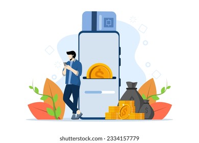 Concept of secure mobile payment, online banking, card to card money transfer service, transaction, donation, digital wallet. man making payment with smartphone app. Flat vector illustration.