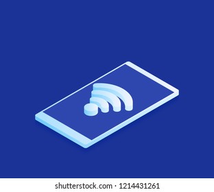 Concept secure network wireless. Wi fi connection, IOT online synchronization and connection via smartphone wireless technology. Modern vector illustration in isometric style.