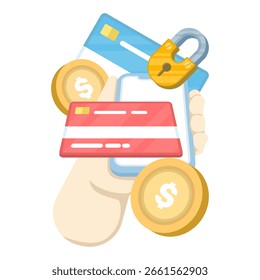 El concepto de transacciones seguras en línea y seguridad financiera. El icono de la tarjeta de pago con un candado azul y una moneda de un dólar simboliza la seguridad, las transacciones seguras y la protección financiera.