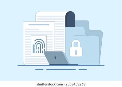 Concept of secure or private data secret file, Security protection through touch fingerprint or fingerprint on document on device, fingerprint access privacy identification. vector illustration.