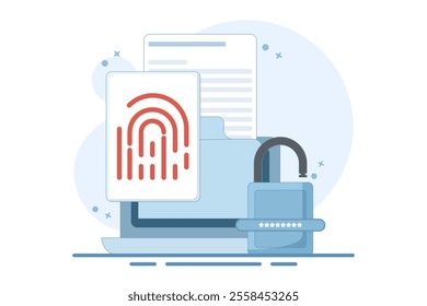 Concept of secure or private data secret file, Security protection through touch fingerprint or fingerprint on document on device, fingerprint access privacy identification. vector illustration.